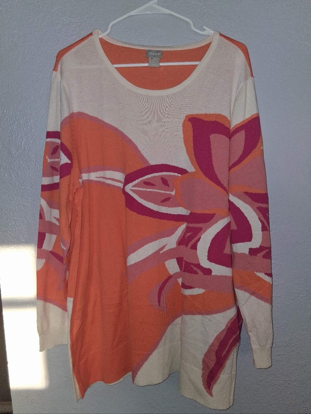 Chico's NWT Pullover Floral Intarsia Tunic Sweater Orange Tango 4/XXL